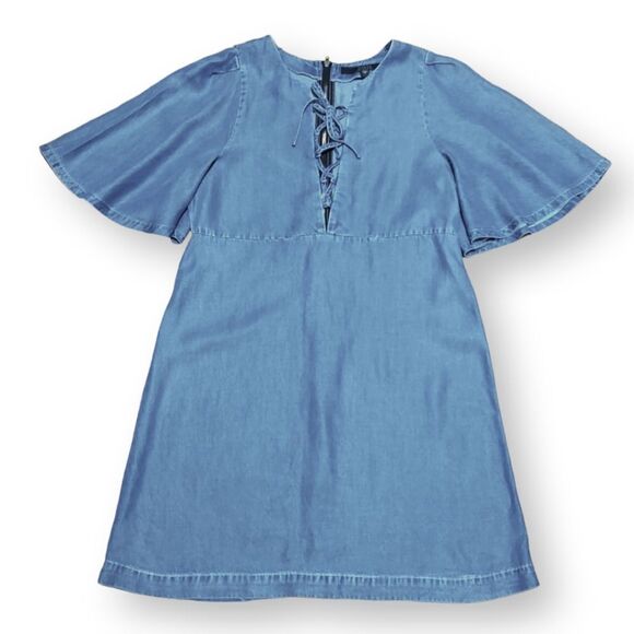 Guess Y2K Tricia Flutter Dress Denim Mini Short Bell Sleeves Lace Up XS - Picture 4 of 8